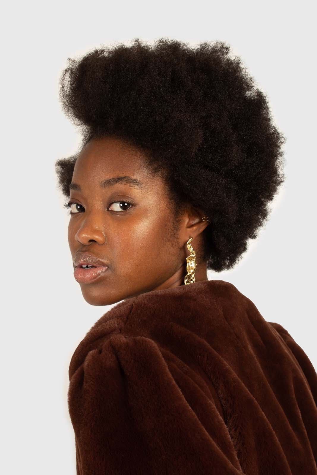 Brown vegan mink belted half coat
