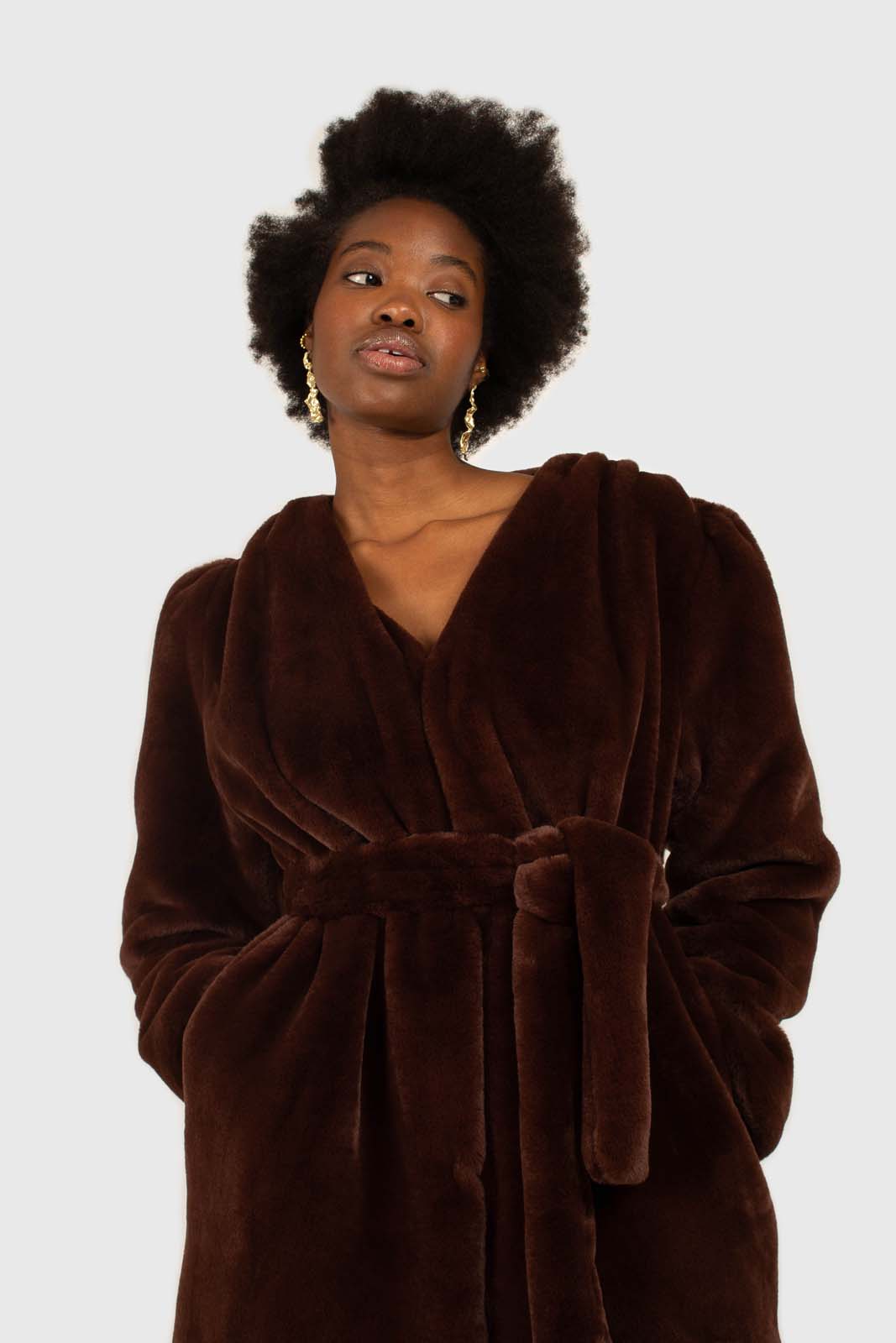 Brown vegan mink belted half coat
