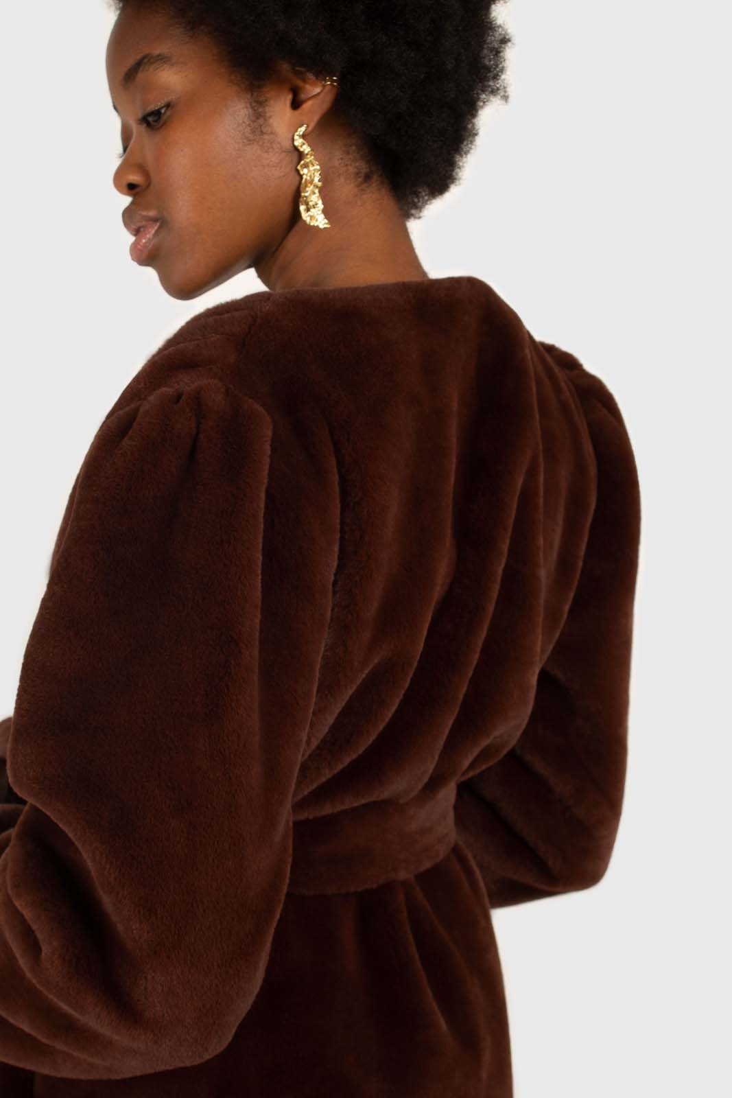 Brown vegan mink belted half coat