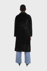 Black faux mink fur belted long coat