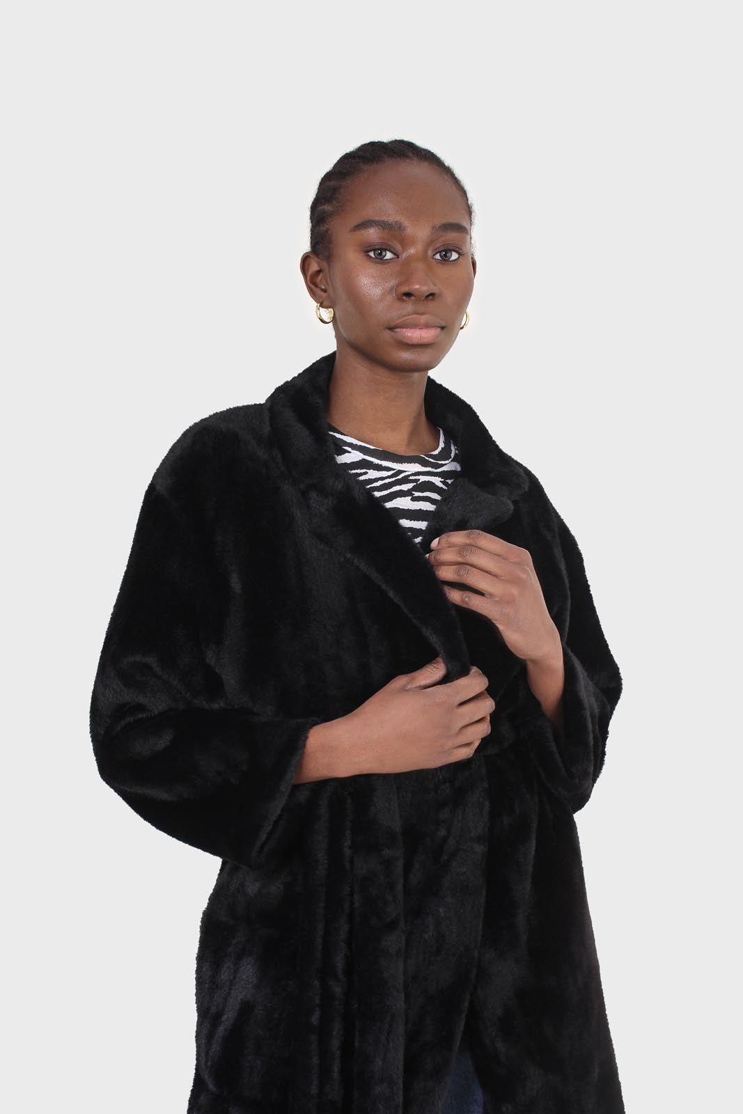 Black faux mink fur belted long coat