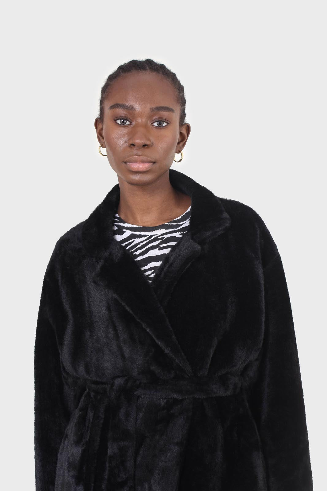 Black faux mink fur belted long coat