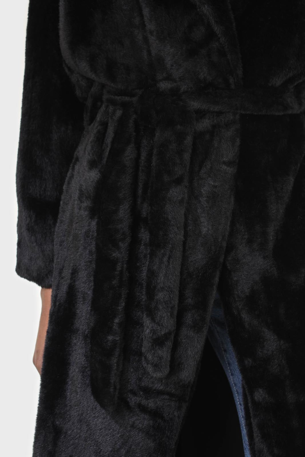 Black faux mink fur belted long coat