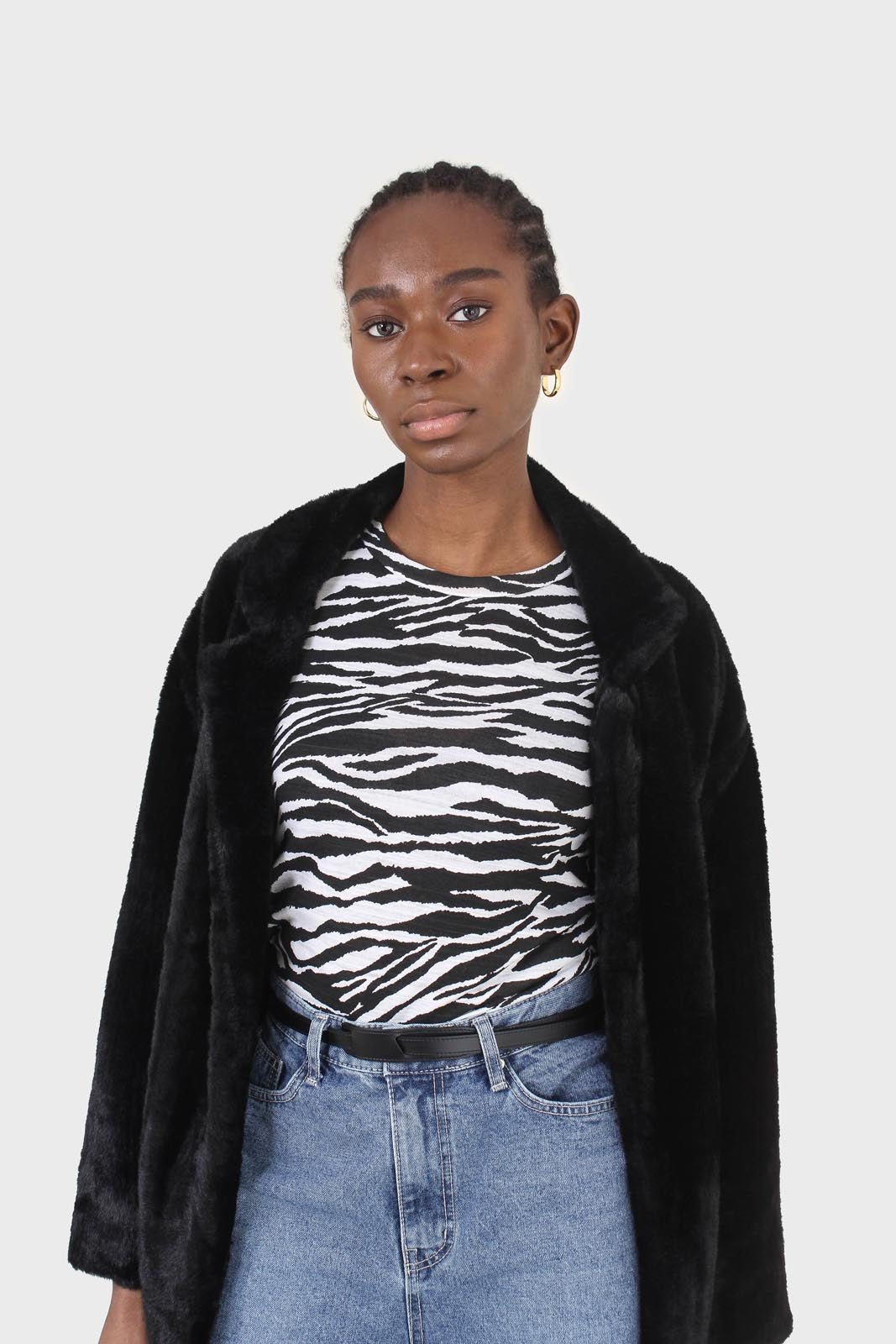 Black faux mink fur belted long coat