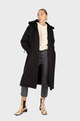 Black faux fur collar lined trench coat