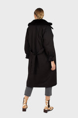 Black faux fur collar lined trench coat