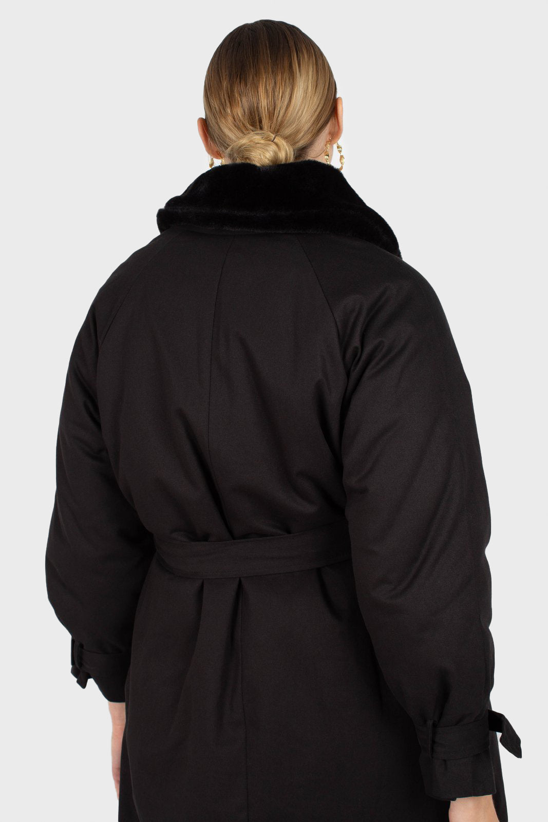 Black faux fur collar lined trench coat