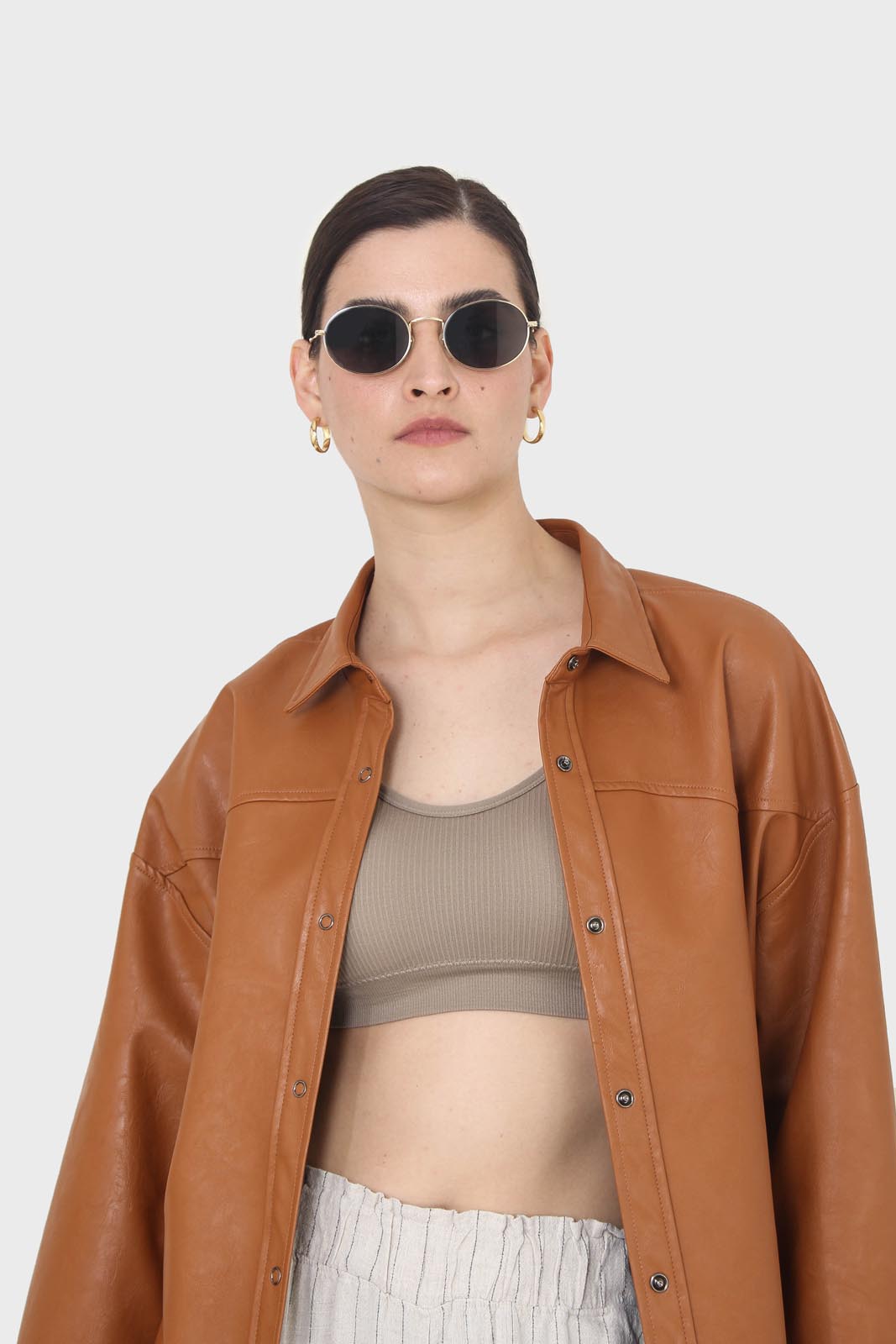 Camel vegan leather oversized shirt