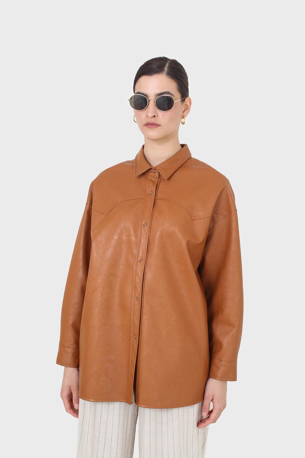 Camel vegan leather oversized shirt