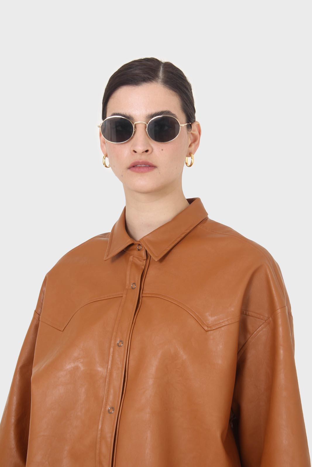 Camel vegan leather oversized shirt