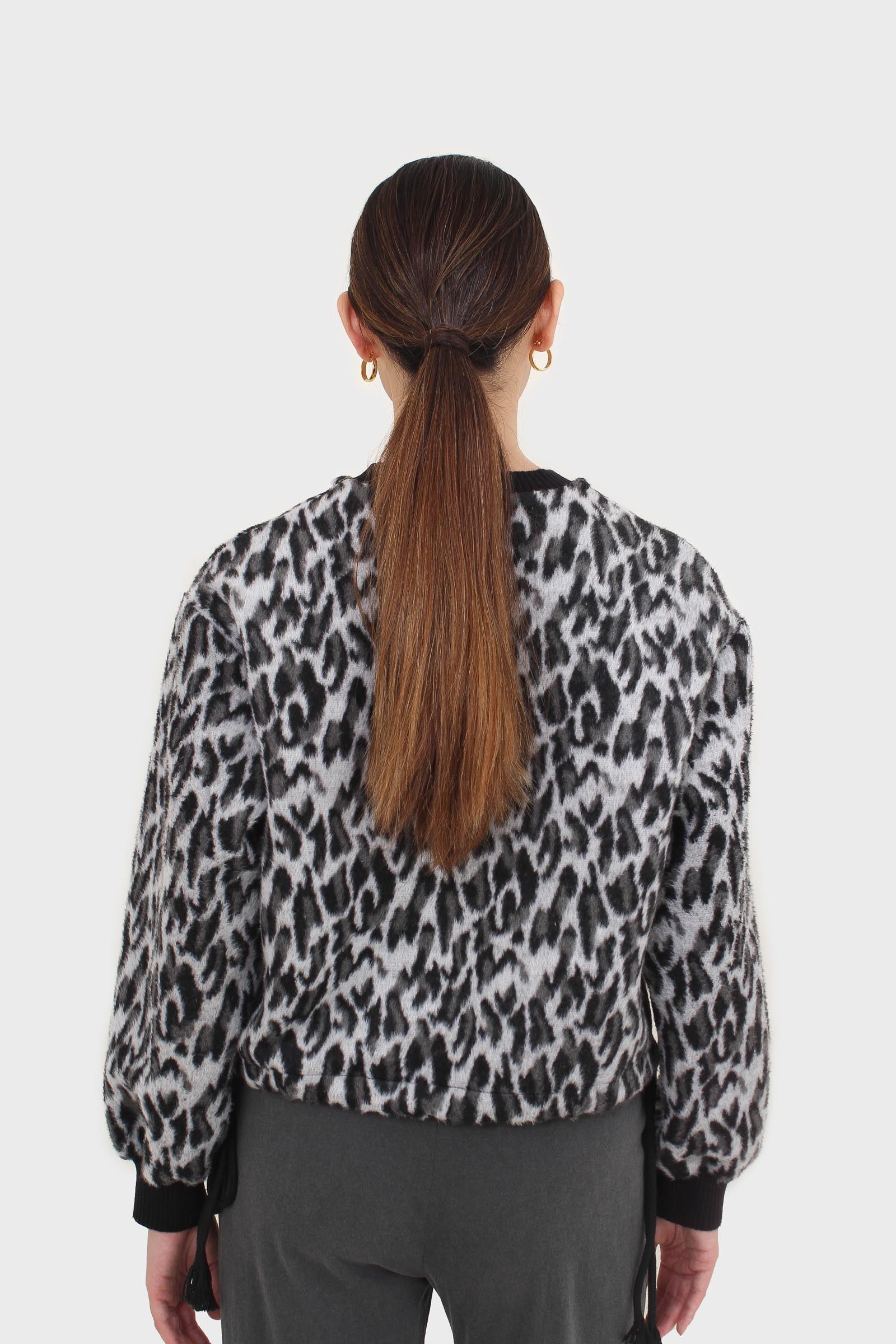 Black leopard brushed string hem sweatshirt