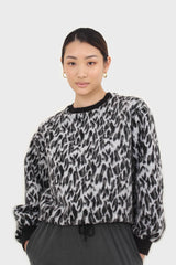 Black leopard brushed string hem sweatshirt