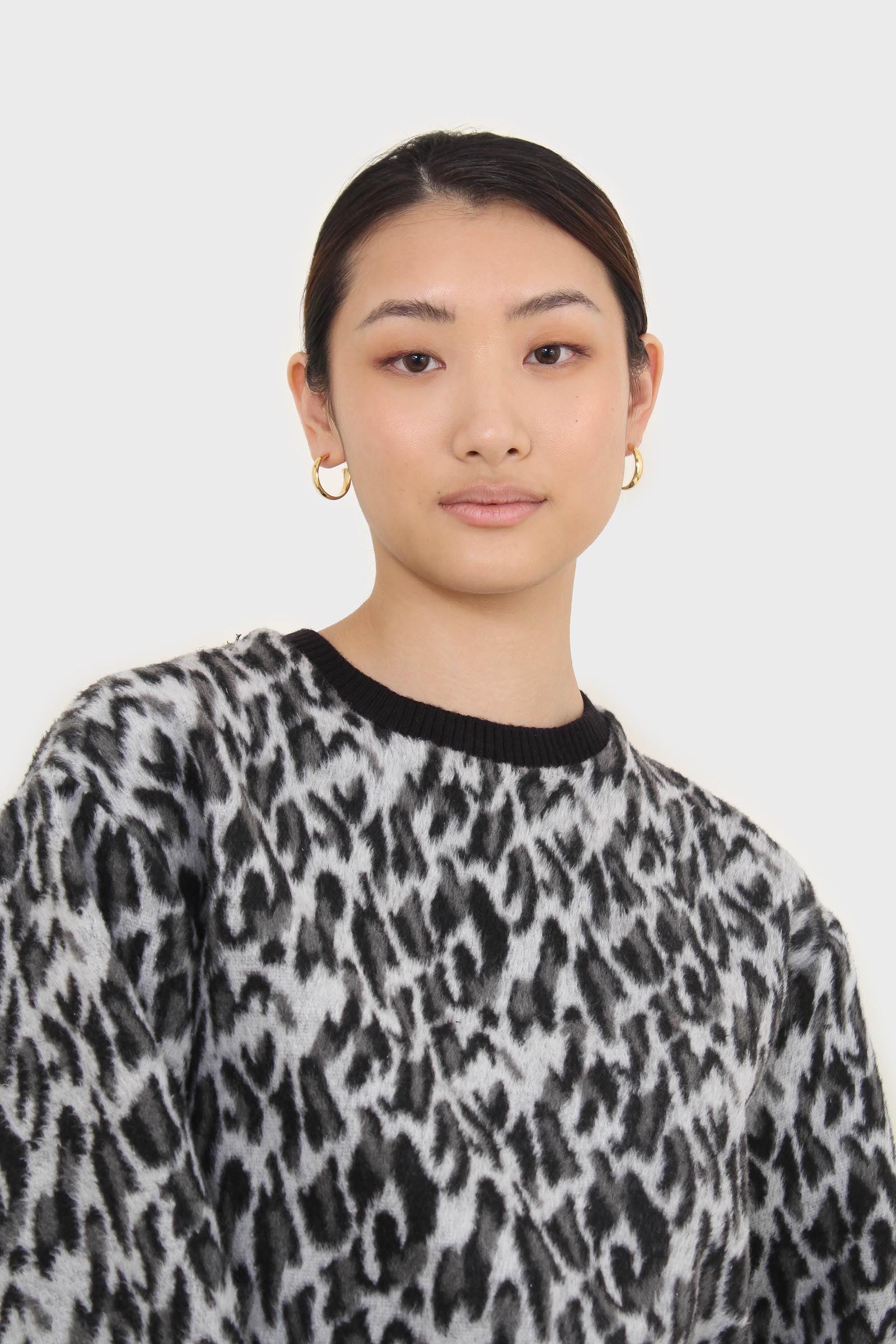 Black leopard brushed string hem sweatshirt
