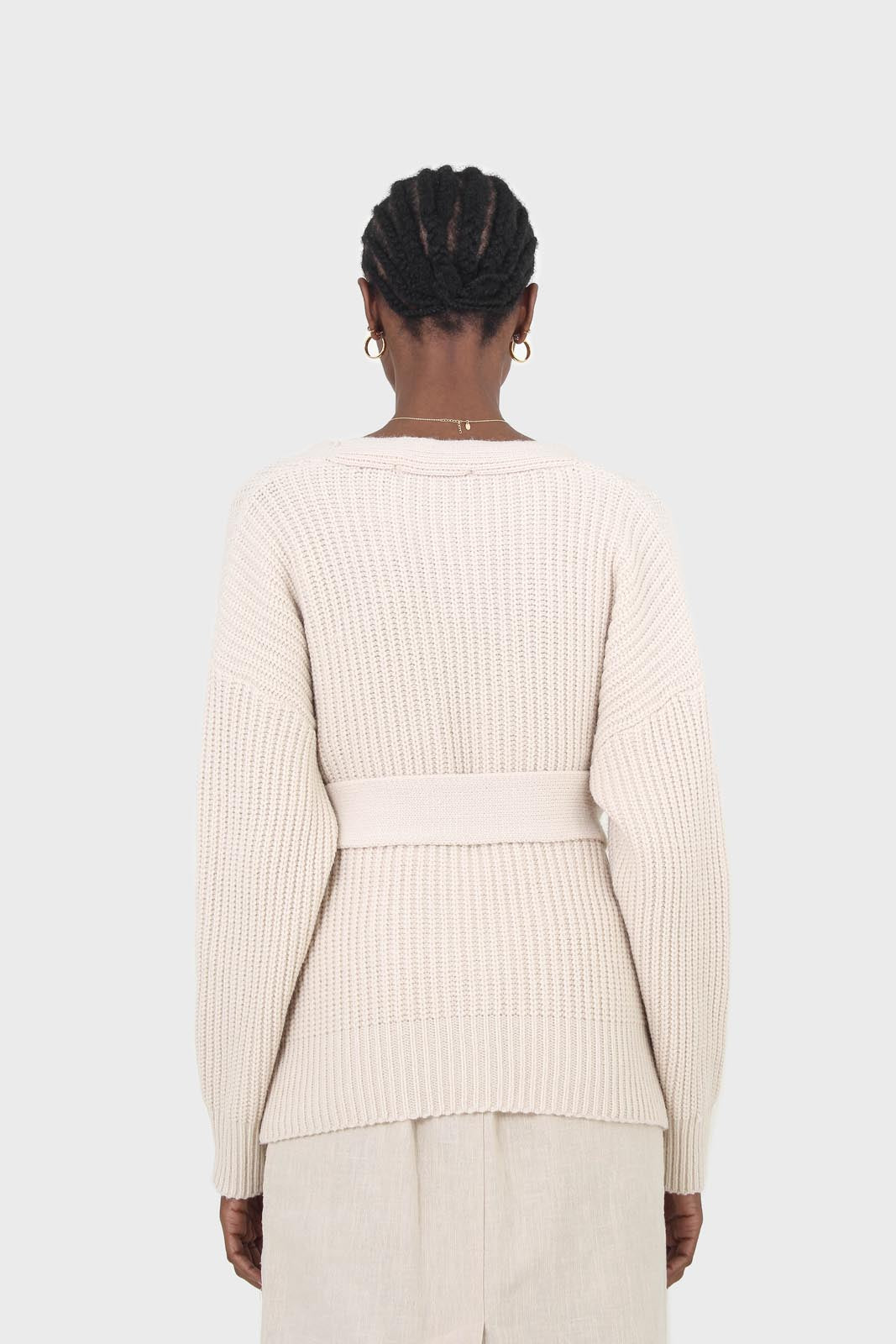 Ivory ribbed belted dark button half cardigan