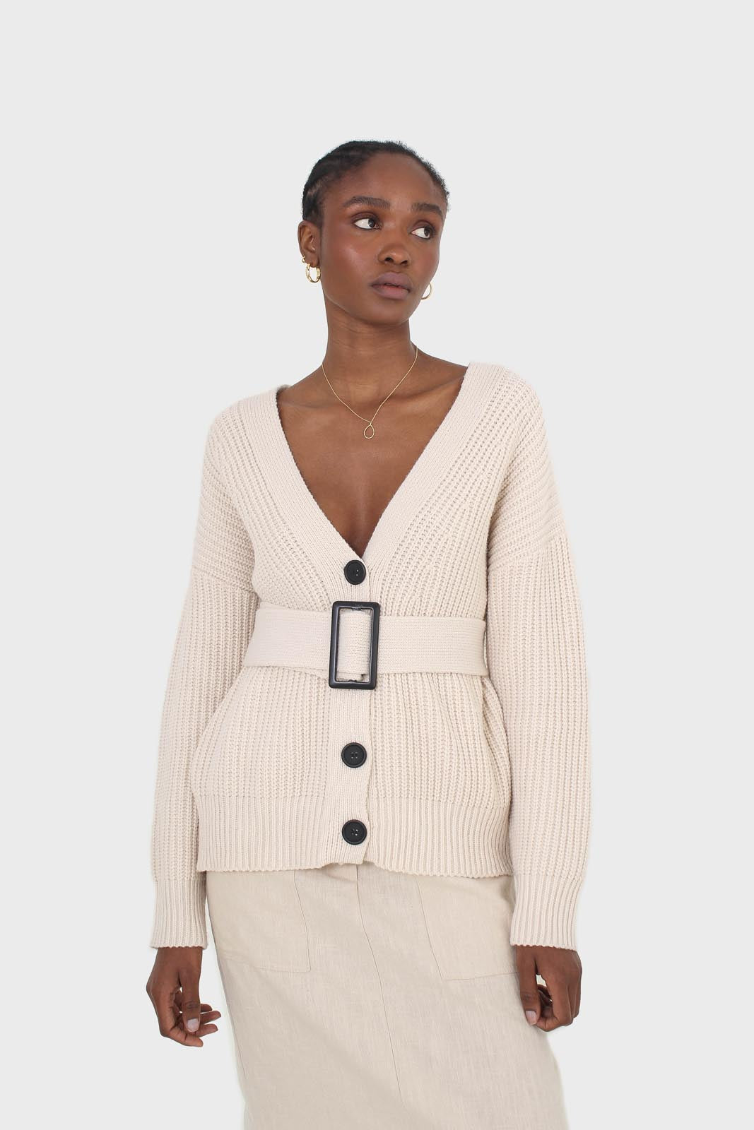 Ivory ribbed belted dark button half cardigan