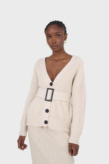 Ivory ribbed belted dark button half cardigan