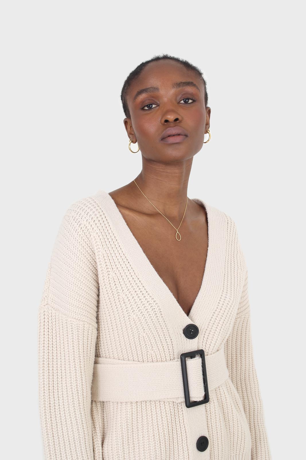Ivory ribbed belted dark button half cardigan