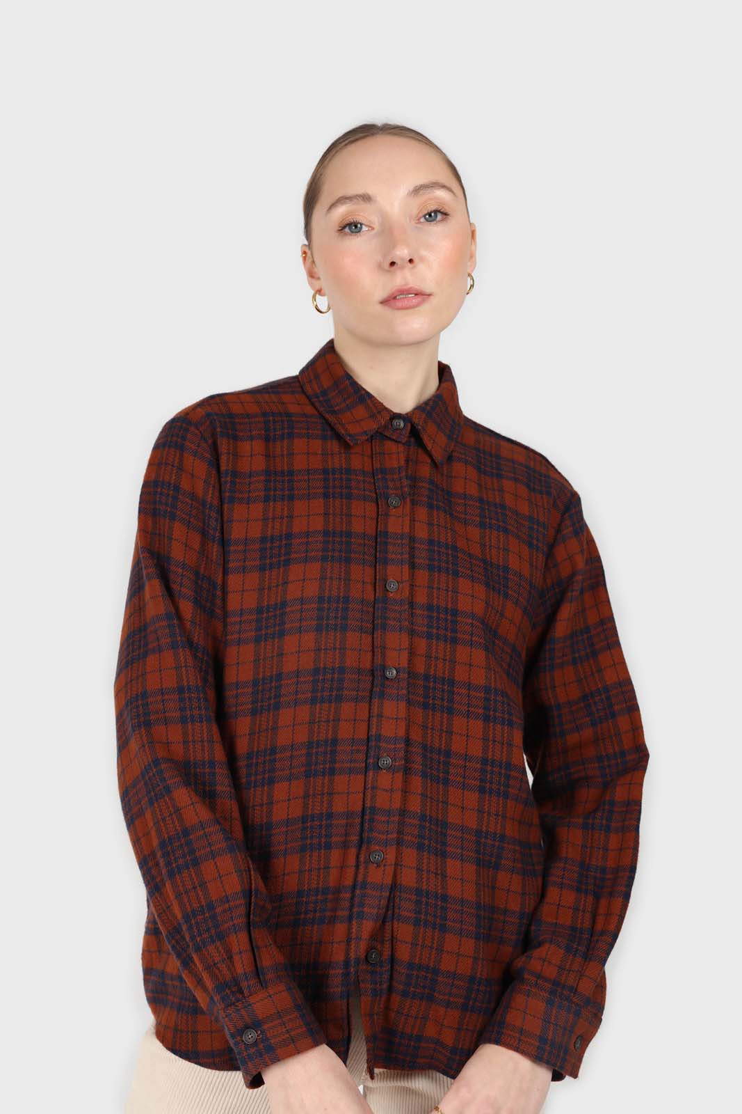 Brown and navy checked loose fit shirt