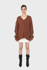 Brown deep V-neck cableknit oversized jumper