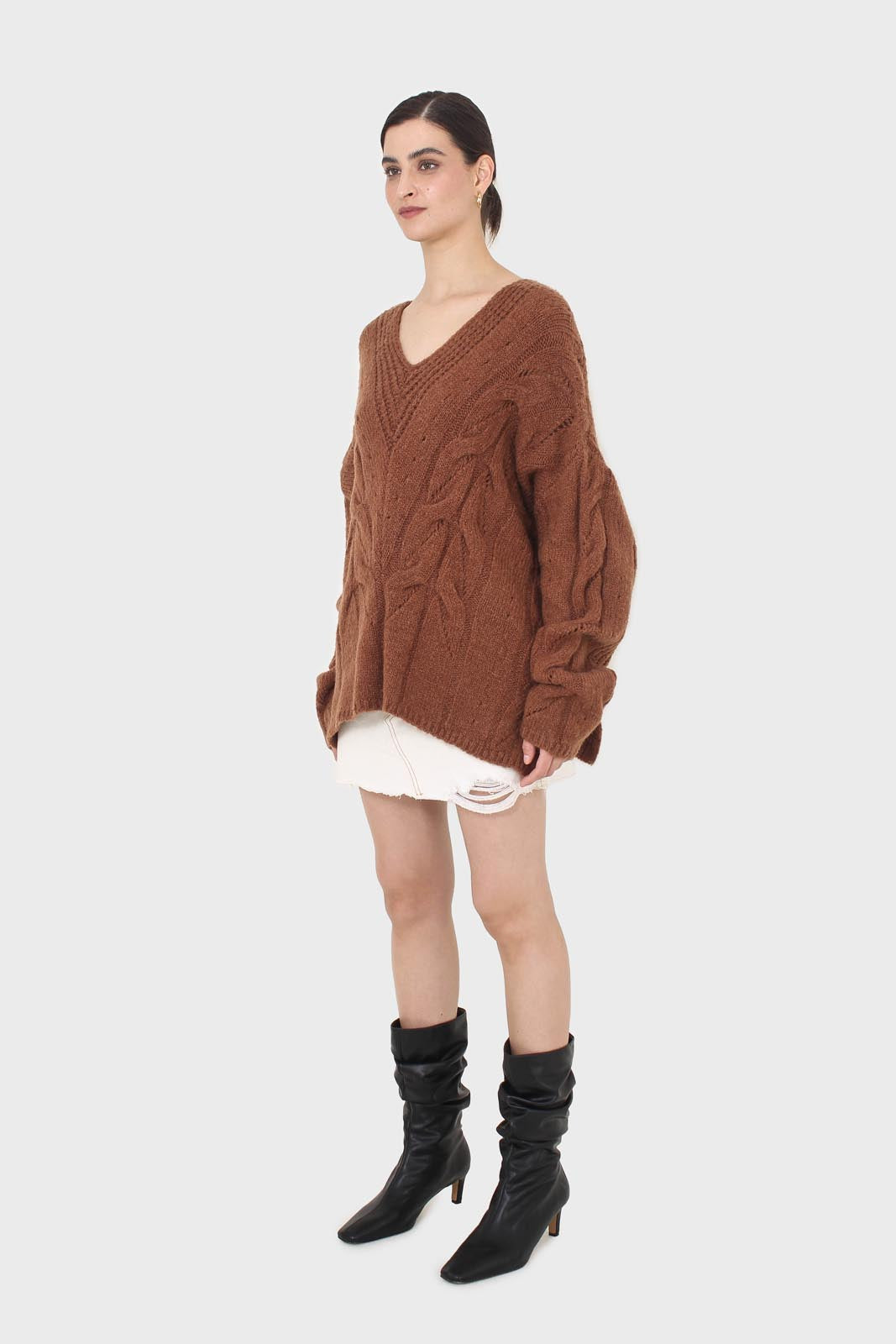 Brown deep V-neck cableknit oversized jumper