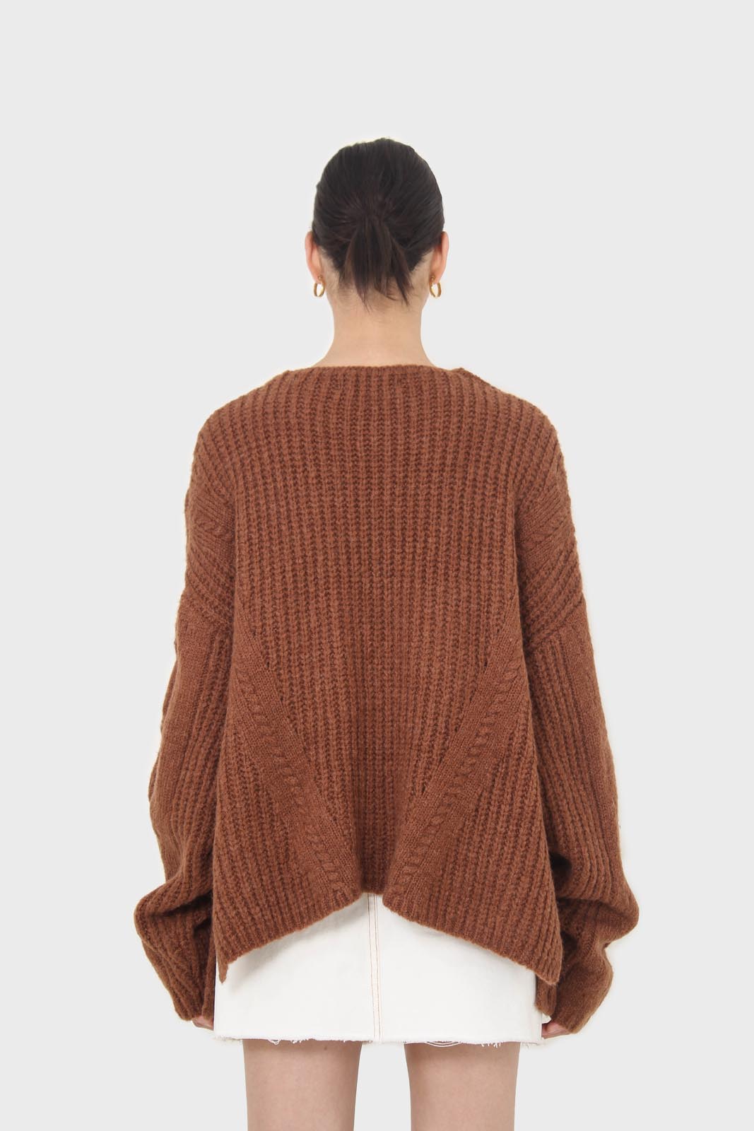 Brown deep V-neck cableknit oversized jumper