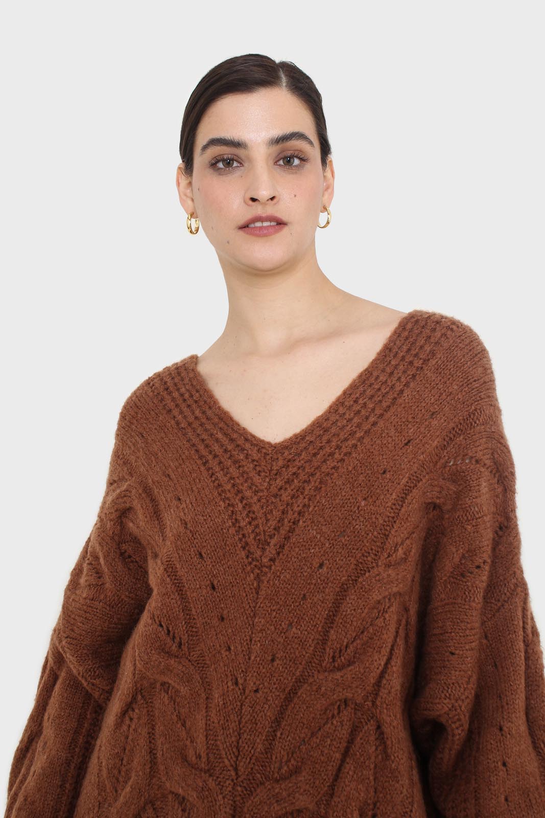 Brown deep V-neck cableknit oversized jumper