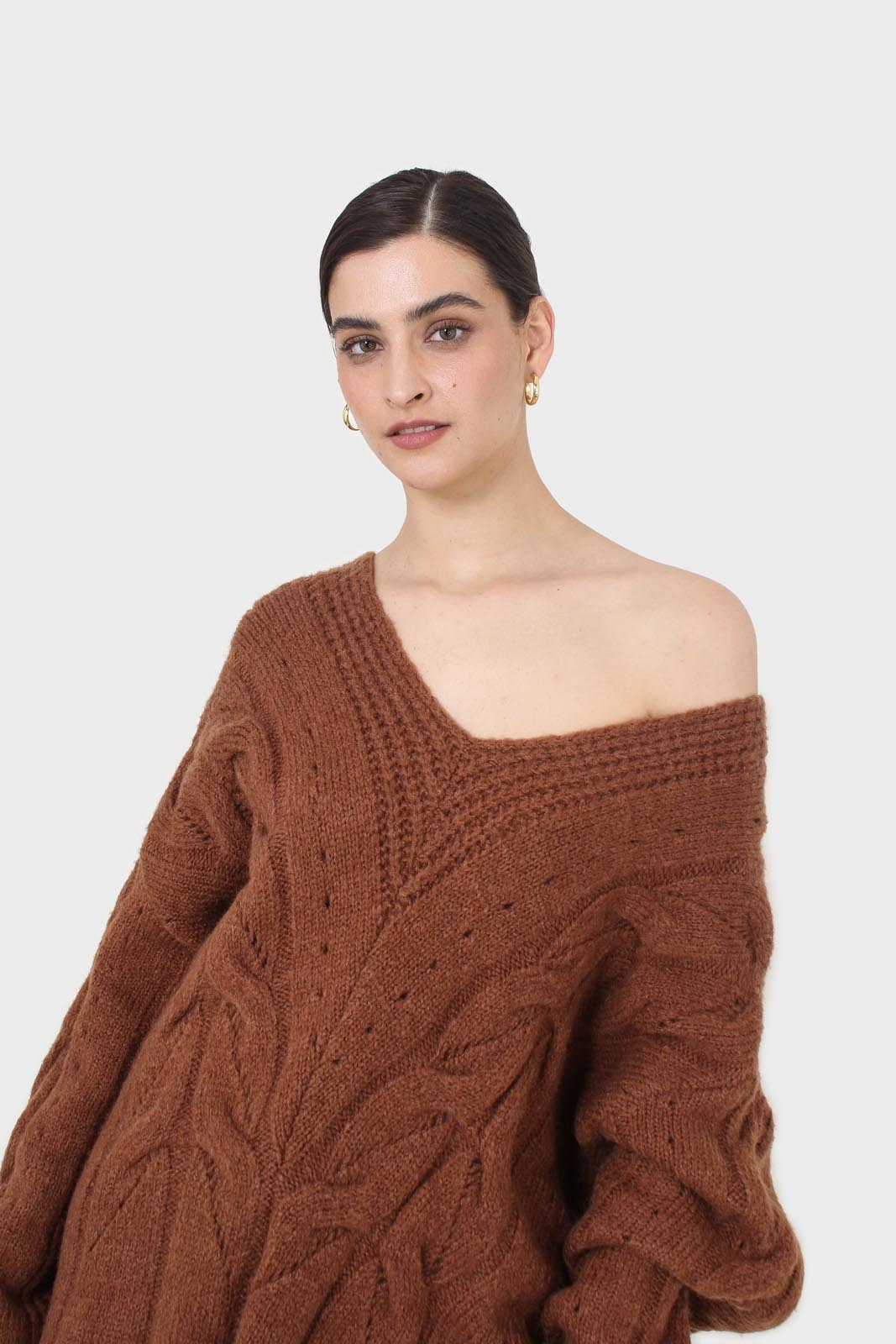 Brown deep V-neck cableknit oversized jumper