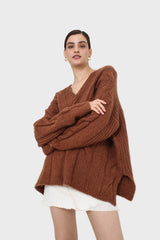Brown deep V-neck cableknit oversized jumper