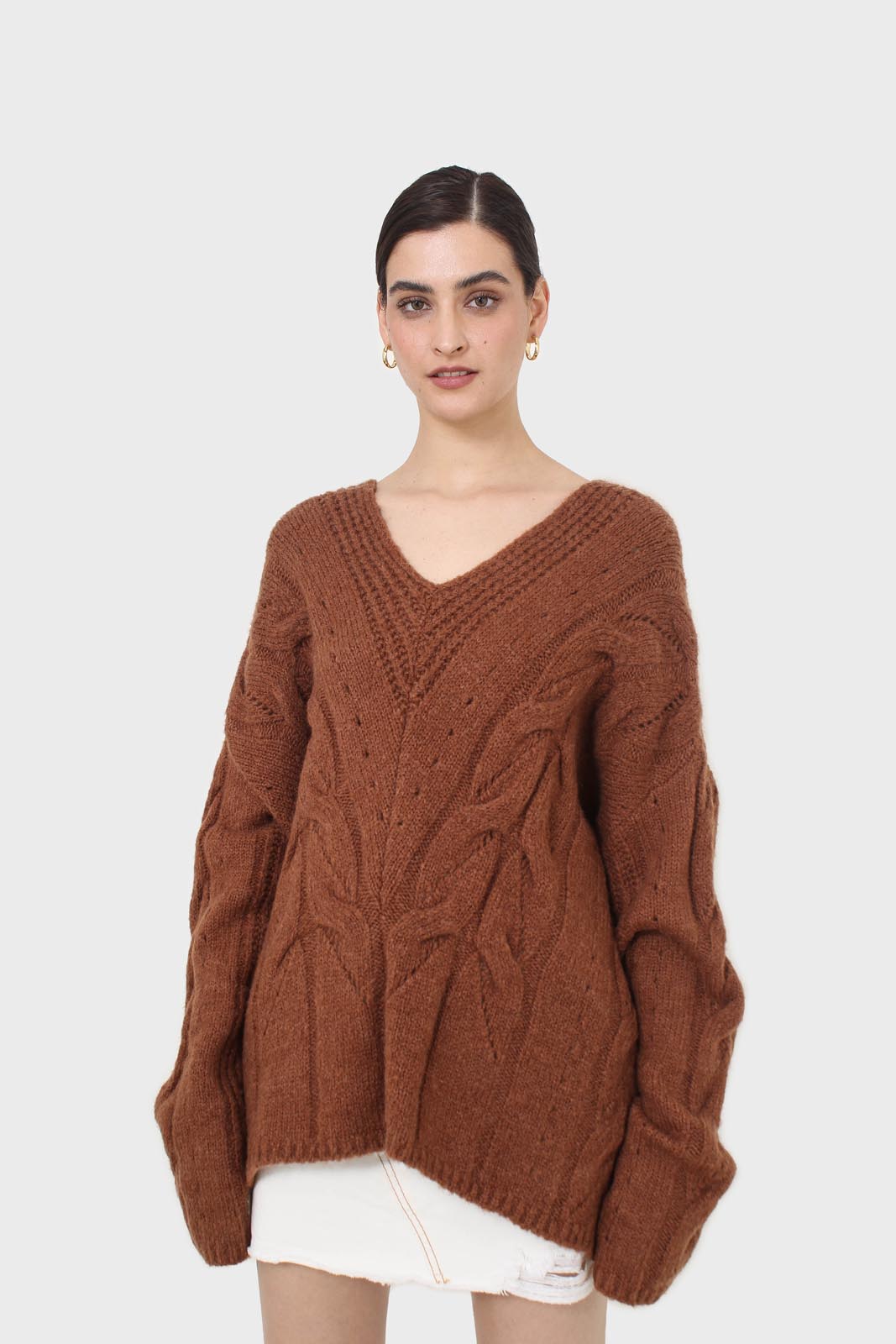 Brown deep V-neck cableknit oversized jumper