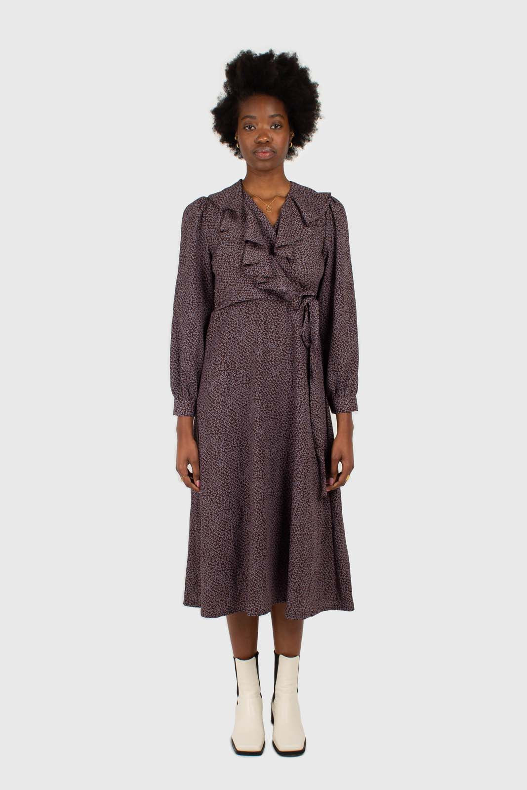 Brown and blue floral ruffle v-neck long sleeved maxi dress