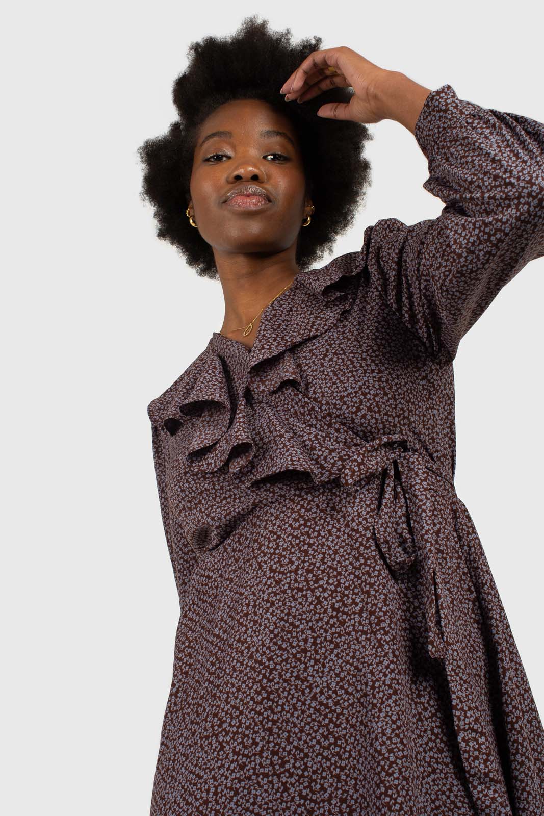 Brown and blue floral ruffle v-neck long sleeved maxi dress