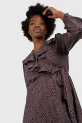 Brown and blue floral ruffle v-neck long sleeved maxi dress