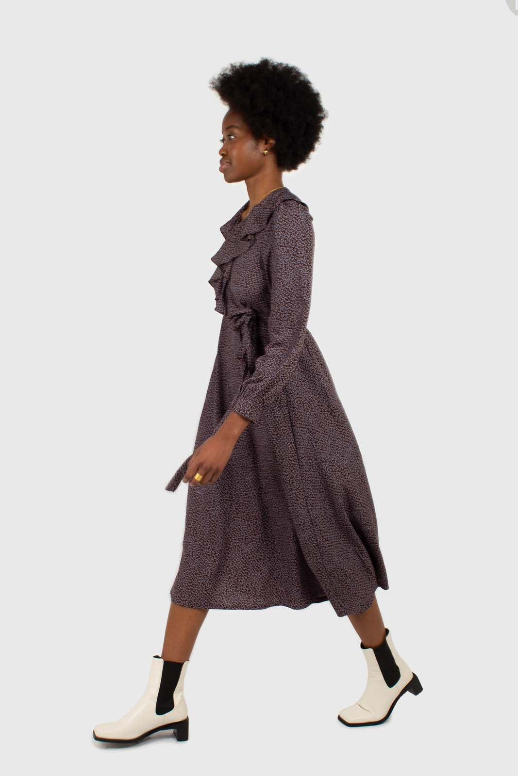 Brown and blue floral ruffle v-neck long sleeved maxi dress