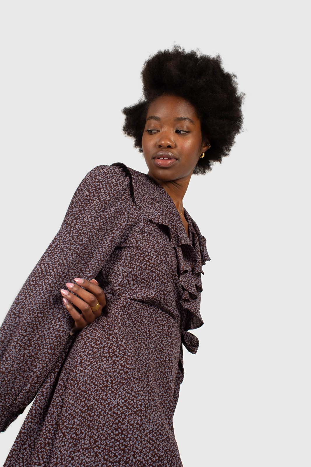 Brown and blue floral ruffle v-neck long sleeved maxi dress