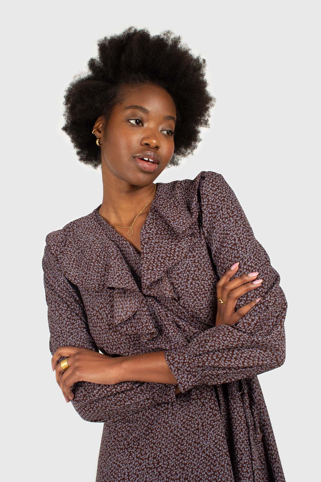 Brown and blue floral ruffle v-neck long sleeved maxi dress