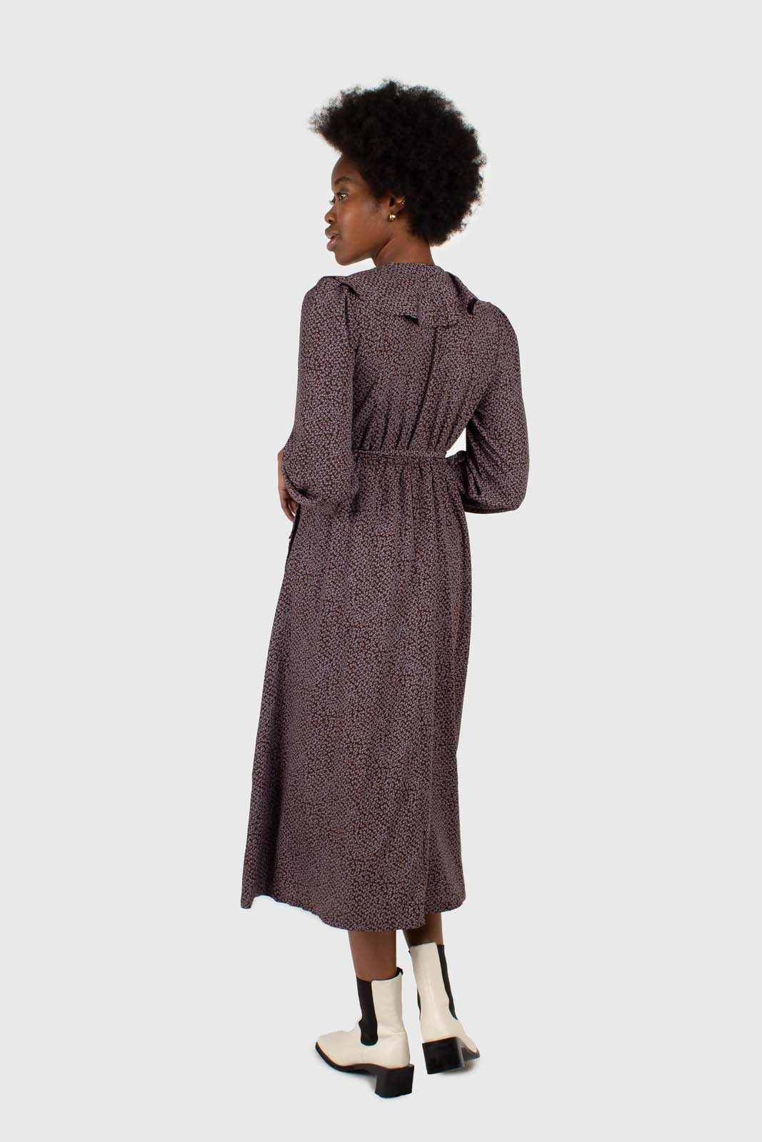 Brown and blue floral ruffle v-neck long sleeved maxi dress