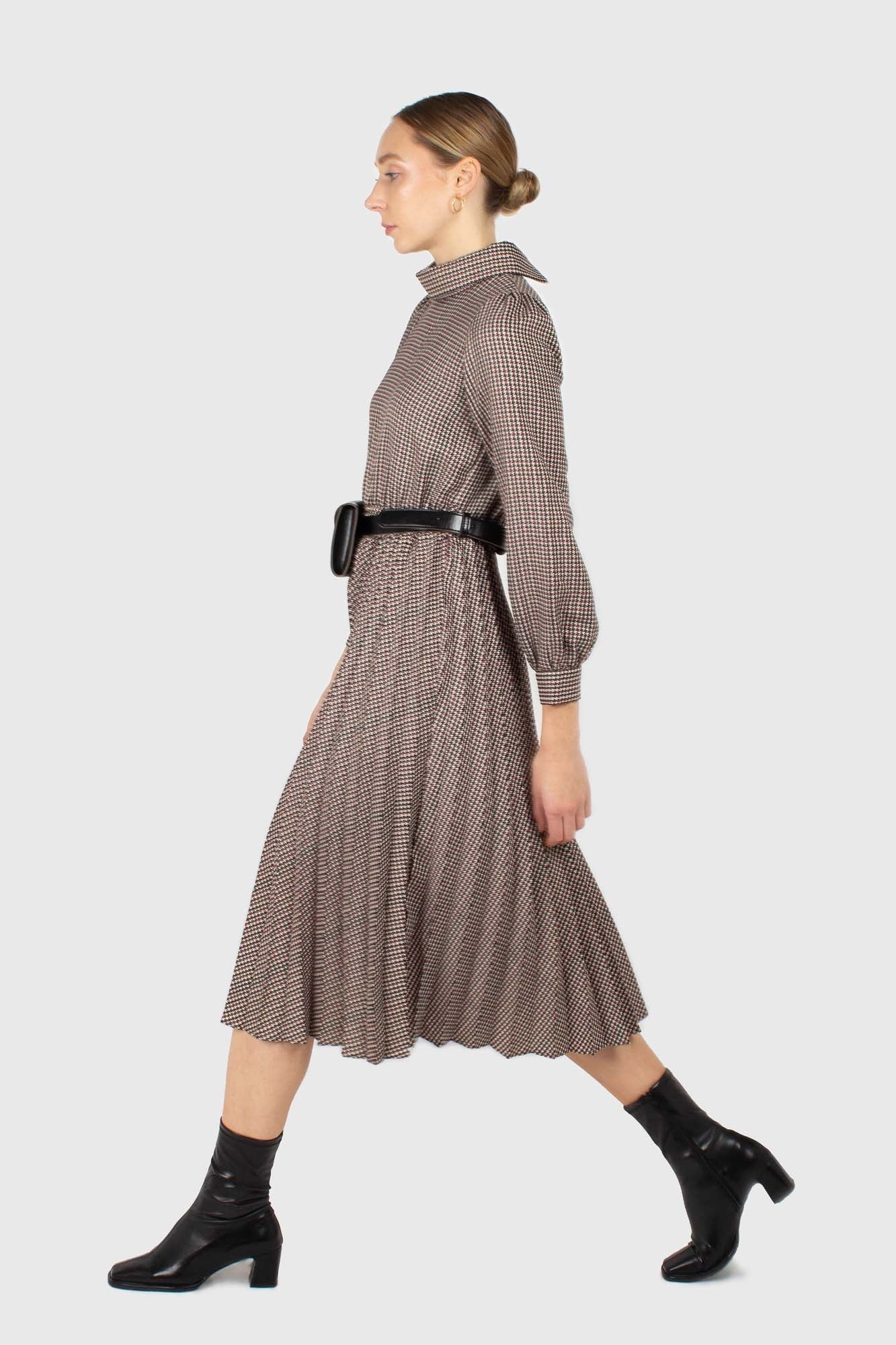 Black and burgundy houndstooth wool belted dress