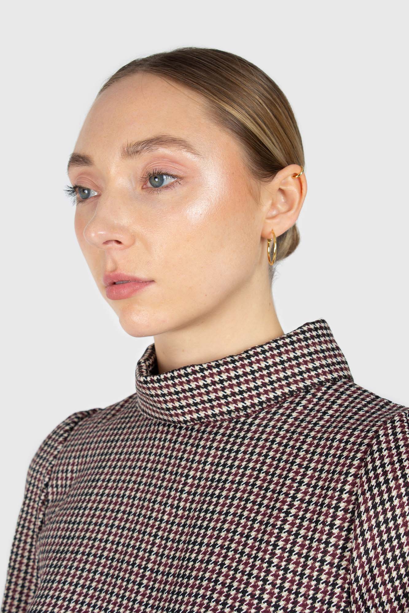 Black and burgundy houndstooth wool belted dress