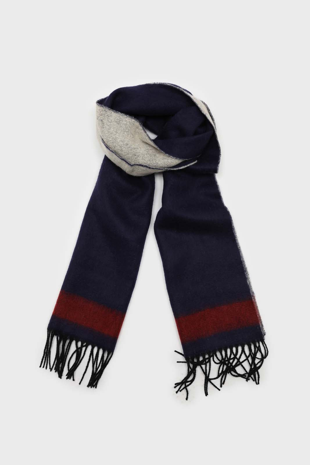 Navy and red contrast block fringe scarf