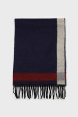 Navy and red contrast block fringe scarf