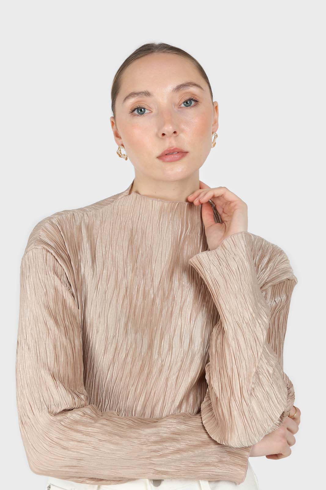 Beige shiny wrinkle mock neck long sleeved top