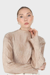 Beige shiny wrinkle mock neck long sleeved top