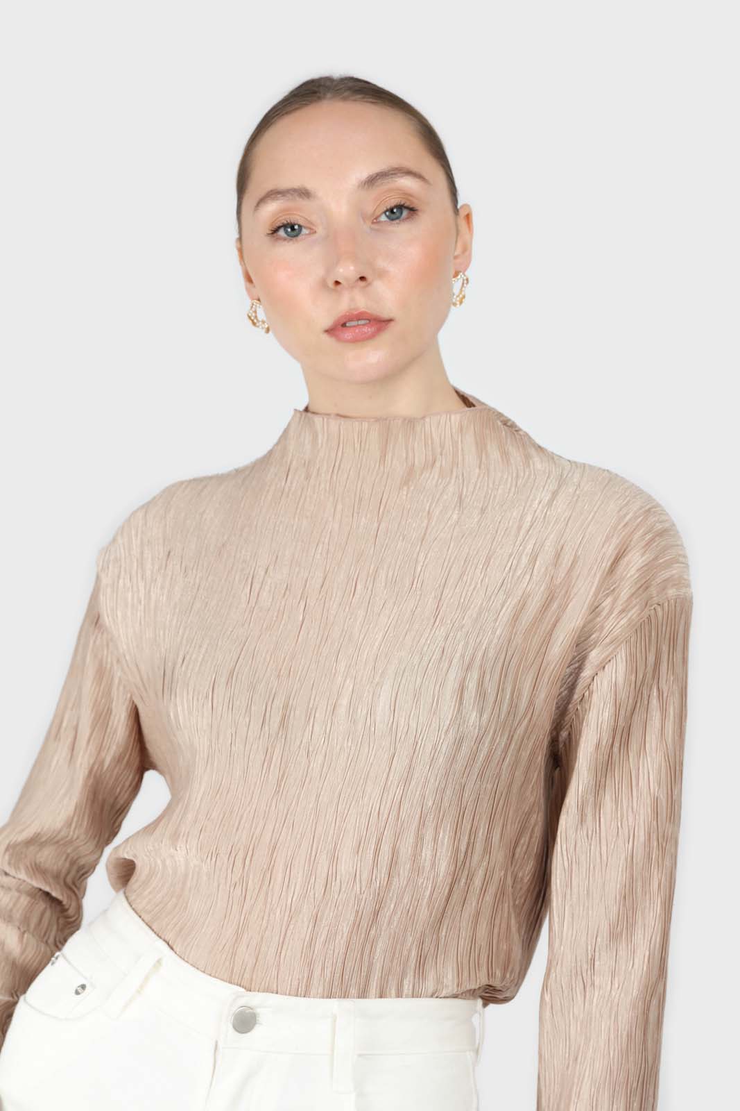Beige shiny wrinkle mock neck long sleeved top