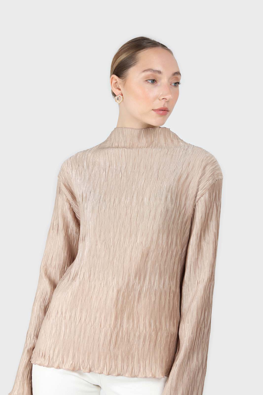 Beige shiny wrinkle mock neck long sleeved top