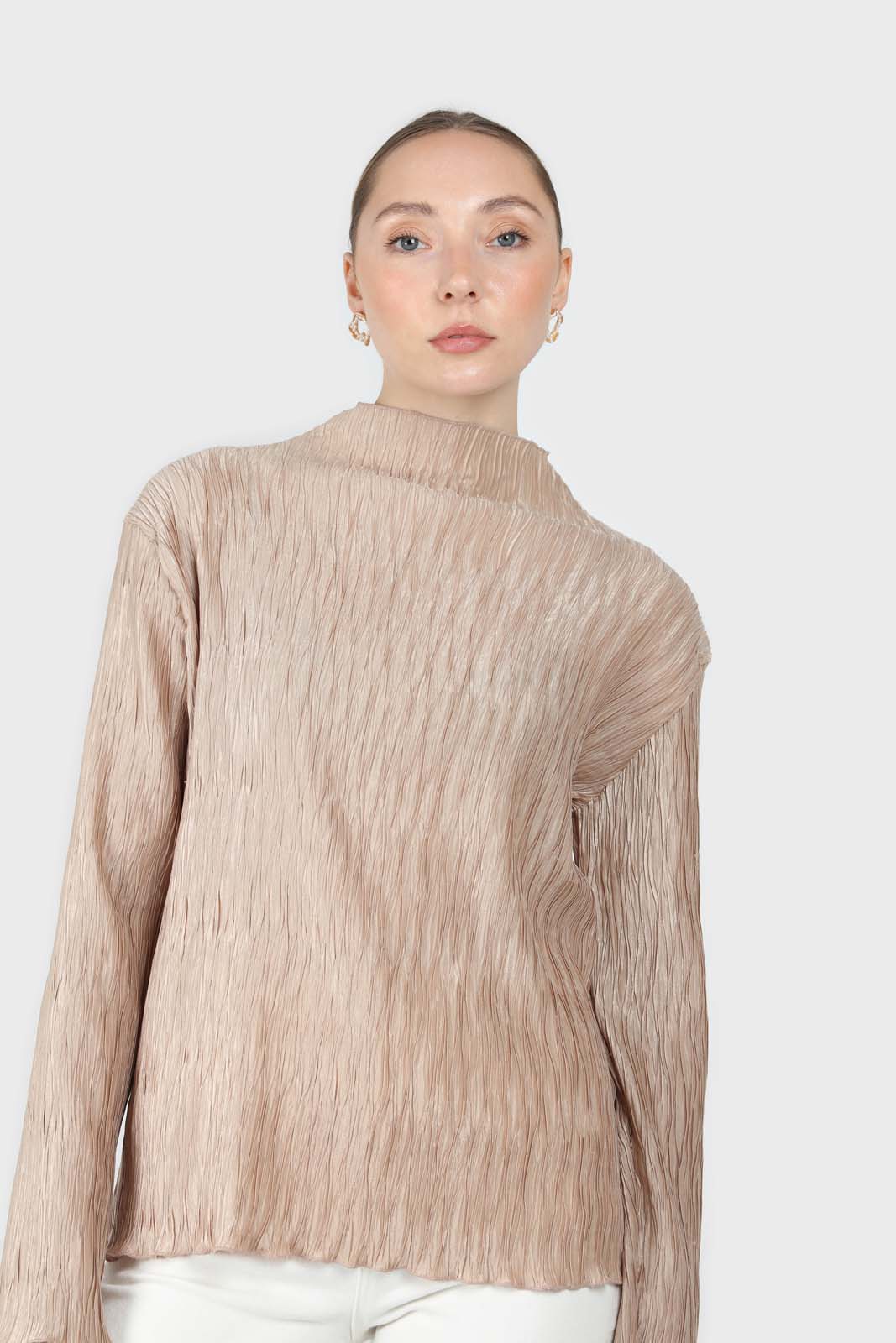Beige shiny wrinkle mock neck long sleeved top
