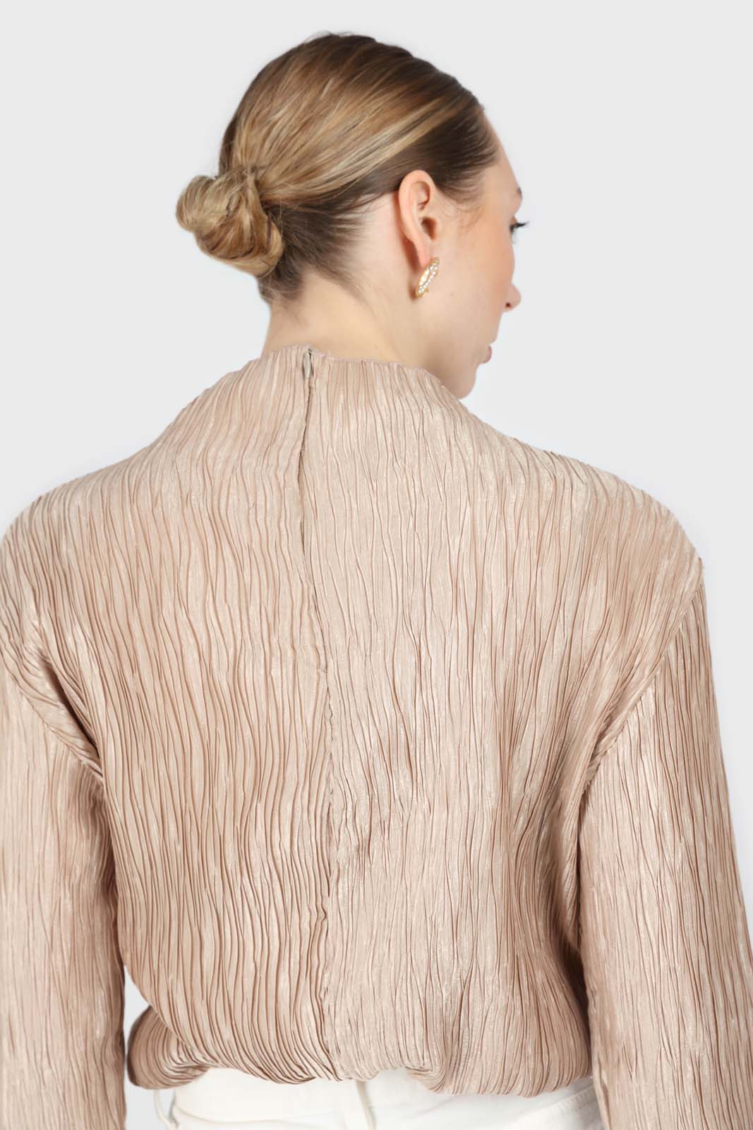 Beige shiny wrinkle mock neck long sleeved top