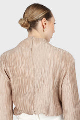 Beige shiny wrinkle mock neck long sleeved top