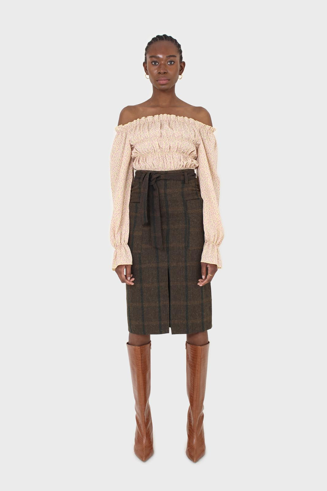 Khaki check belted wool midi skirt