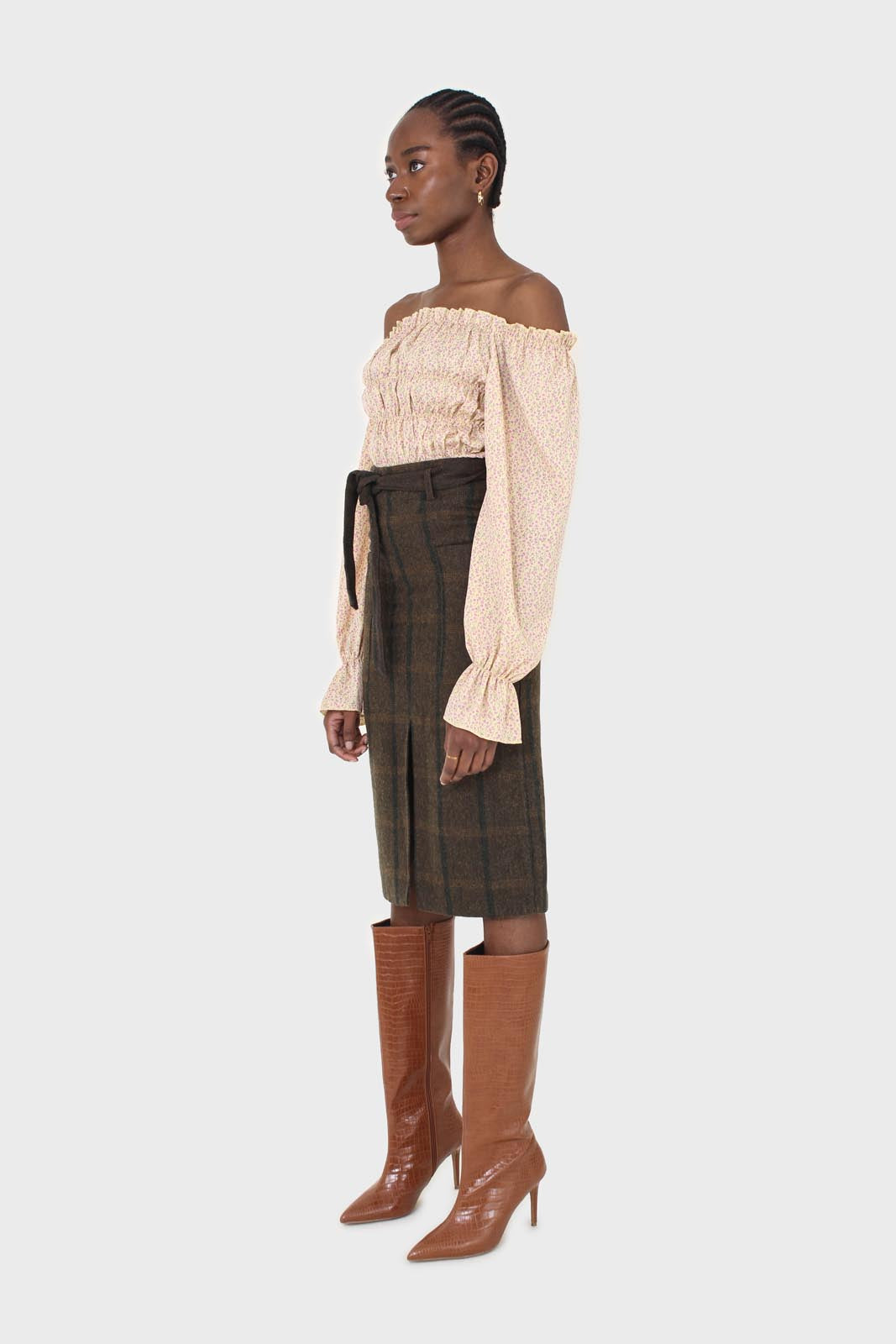 Khaki check belted wool midi skirt