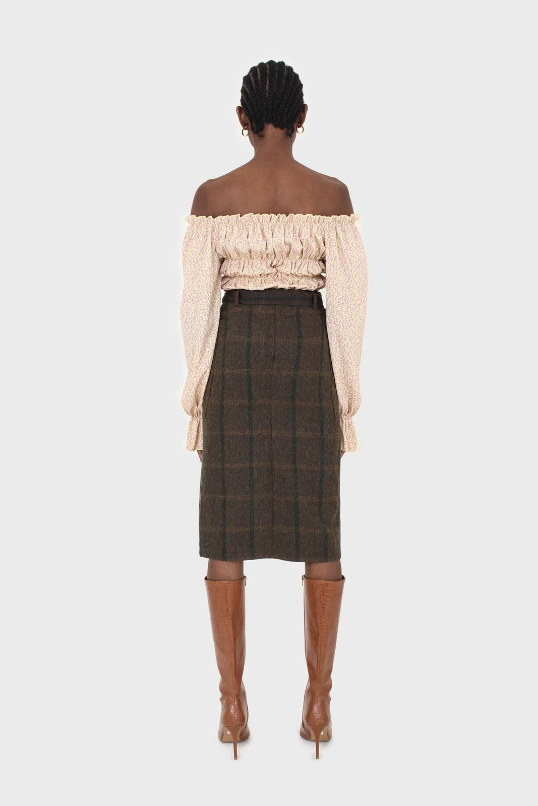 Khaki check belted wool midi skirt